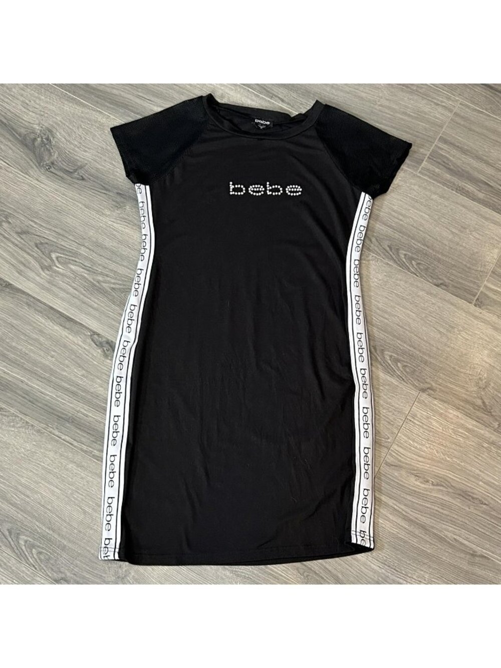 Bebe Dress Womens XL Black T Shirt Bodycon Logo Side Stripe Rhinestone Y2K VTG